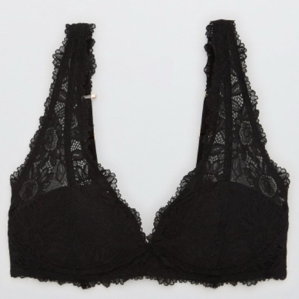 Aerie Real Power Wireless Black Lace Push Up Bra